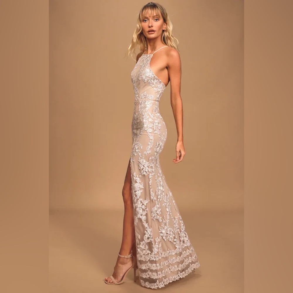 Dazzled Champagne Embroidered Backless Maxi Dress - wedding, prom, special event